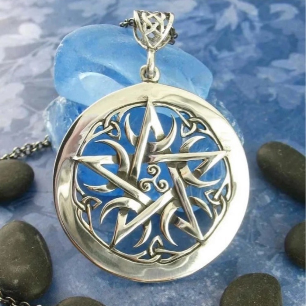 Witch Protection Necklace Pentagram Celtic Knot 5 Crescent Moons Triple wave New